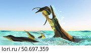 Kronosaurus, attacks a pod of Dolichorhynchops in Cretaceous seas. Стоковое фото, фотограф Corey Ford/Stocktrek Images / ТАСС / Фотобанк Лори