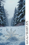 A snowy landscape with large snowflakes in the foreground, snowy trees in the background, soft diffused light, frontal view. christmas and new year vibe. Стоковое AI-видео, аниматор Sergey Grishin / Фотобанк Лори
