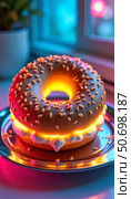 Pink-Glazed Neon Donut Sandwiched with Cream on Reflective Surface. Стоковое AI-изображение, AI-художник Mariya Suranova / Фотобанк Лори
