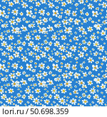 Seamless pattern a lot of small white daisies chamomile flowers on blue background. Стоковое AI-изображение, AI-художник Олег Яцкевич / Фотобанк Лори
