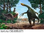 A Therizinosaurus prevents a young Tarbosaurus in his hunt for Gallimimus. Стоковое фото, фотограф Sergey Krasovskiy/Stocktrek Images / ТАСС / Фотобанк Лори