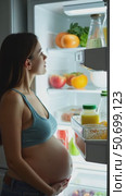 Pregnant Woman Gazes at a Fridge Stocked With Fresh Produce, Highlighting Healthy Eating and Nutrition Advice. Стоковое AI-видео, аниматор Sergey Grishin / Фотобанк Лори