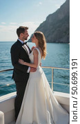 Romantic Couple on a Yacht in Blue Waters, Showcasing Love Against a Stunning Coast. wedding, Luxury Travel, Event Planning. Стоковое AI-видео, аниматор Sergey Grishin / Фотобанк Лори