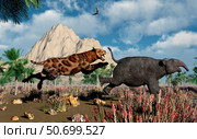 A Sabre-Tooth Tiger attacking a young Deinotherium. Стоковое фото, фотограф Mark Stevenson/Stocktrek Images / ТАСС / Фотобанк Лори