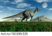 Olorotitan duckbill dinosaurs grazing. Стоковое фото, фотограф Mark Stevenson/Stocktrek Images / ТАСС / Фотобанк Лори