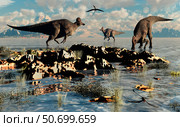 Herd of Corythosaurus duckbill dinosaurs grazing. Стоковое фото, фотограф Mark Stevenson/Stocktrek Images / ТАСС / Фотобанк Лори