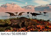 Herd of Corythosaurus duckbill dinosaurs grazing. Стоковое фото, фотограф Mark Stevenson/Stocktrek Images / ТАСС / Фотобанк Лори