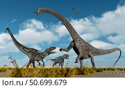 A pair of Allosaurus dinosaurs confront a giant Diplodocus. Стоковое фото, фотограф Mark Stevenson/Stocktrek Images / ТАСС / Фотобанк Лори