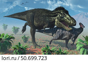 Tyrannosaurus Rex hunting a lone Parasaurolophus duckbill dinosaur. Стоковое фото, фотограф Mark Stevenson/Stocktrek Images / ТАСС / Фотобанк Лори