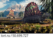 Sail-backed Dimetrodons, alive during Earth's Permian period of time. Стоковое фото, фотограф Mark Stevenson/Stocktrek Images / ТАСС / Фотобанк Лори
