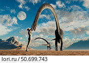 The first man, Adam, greeting Omeisaurus sauropod dinosaurs. Стоковое фото, фотограф Mark Stevenson/Stocktrek Images / ТАСС / Фотобанк Лори