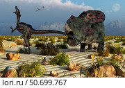 A Protoceratops biting the tail of an attacking Velociraptor. Стоковое фото, фотограф Mark Stevenson/Stocktrek Images / ТАСС / Фотобанк Лори