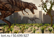 A pair of Tyrannosaurus Rex explore a city in hopes of finding their next meal. Стоковое фото, фотограф Mark Stevenson/Stocktrek Images / ТАСС / Фотобанк Лори