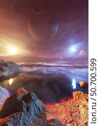 An exoplanet orbiting two stars, a red giant and a blue star. Стоковое фото, фотограф Steven Hobbs/Stocktrek Images / ТАСС / Фотобанк Лори