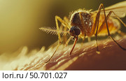Close-up view of a mosquito feeding on skin. Стоковое AI-изображение, AI-художник Михаил Коханчиков / Фотобанк Лори