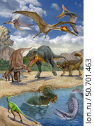 Dinosaurs confront each other along a lake. Стоковое фото, фотограф Sergey Krasovskiy/Stocktrek Images / ТАСС / Фотобанк Лори