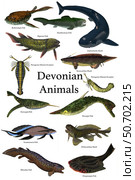 Poster of prehistoric animals during the Devonian period. Стоковое фото, фотограф Corey Ford/Stocktrek Images / ТАСС / Фотобанк Лори