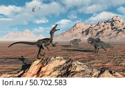 A predatory Velociraptor stalking a pair of Protoceratops. Стоковое фото, фотограф Mark Stevenson/Stocktrek Images / ТАСС / Фотобанк Лори