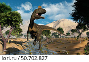 A carnivorous Cryolophosaurus dinosaur walking along a stream. Стоковое фото, фотограф Mark Stevenson/Stocktrek Images / ТАСС / Фотобанк Лори