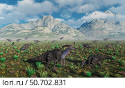A herd of Parasaurolophus duckbill dinosaurs. Стоковое фото, фотограф Mark Stevenson/Stocktrek Images / ТАСС / Фотобанк Лори