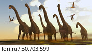 Dimorphodon reptiles fly past a herd of Brachiosaurus dinosaurs. Стоковое фото, фотограф Corey Ford/Stocktrek Images / ТАСС / Фотобанк Лори