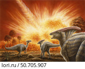 A group of Parasaurolophus dinosaurs observe a meteor strike. Стоковое фото, фотограф Phil Wilson/Stocktrek Images / ТАСС / Фотобанк Лори