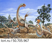 Therizinosaurus defends its nest from a group of Oviraptors. Стоковое фото, фотограф Phil Wilson/Stocktrek Images / ТАСС / Фотобанк Лори