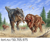 T-rex fighting a group of Triceratops. Стоковое фото, фотограф Phil Wilson/Stocktrek Images / ТАСС / Фотобанк Лори
