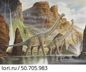 A pair of Giraffatitan walking in a valley river. Стоковое фото, фотограф Phil Wilson/Stocktrek Images / ТАСС / Фотобанк Лори
