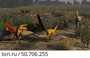 Achillobator, Segnosaurus and Talarurus during the Bayan Shireh Formation of China. Стоковое фото, фотограф Arthur Dorety/Stocktrek Images / ТАСС / Фотобанк Лори
