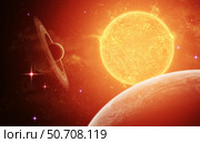 A planet and its moon resisting the relentless heat of the giant orange sun Pollux. Стоковое фото, фотограф Kevin Lafin/Stocktrek Images / ТАСС / Фотобанк Лори