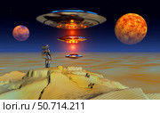 Colony ships landing on an exoplanets surface. Стоковое фото, фотограф Mark Stevenson/Stocktrek Images / ТАСС / Фотобанк Лори