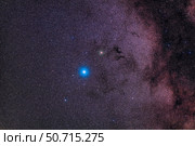 Widefield view in Aquila, with the bright bue-white star Altair at centre and the red star Tarazed above. Стоковое фото, фотограф Alan Dyer/Stocktrek Images / ТАСС / Фотобанк Лори