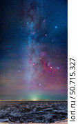Panorama of the Milky Way over the Badlands of Dinosaur Provincial Park, Alberta, Canada. Стоковое фото, фотограф Alan Dyer/Stocktrek Images / ТАСС / Фотобанк Лори