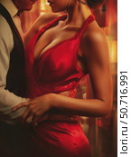 A close-up of a man's hand tightly clasping a woman's waist, a red silk dress, Стоковое AI-изображение, AI-художник Корчагина Анастасия / Фотобанк Лори