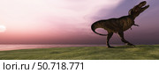 A Tyrannosaurus Rex dinosaur roars his defiance on an oceanside bluff. Стоковое фото, фотограф Corey Ford/Stocktrek Images / ТАСС / Фотобанк Лори