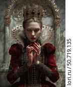 Dark fantasy book cover, sinister queen in dark red velvet gown, golden crown with black gemstones, blood dripping from fingertips, marble palace background. Стоковое AI-изображение, AI-художник Корчагина Анастасия / Фотобанк Лори