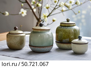 Ceramic tea caddy jars displaying soothing pastel colors with blooming plum flowers. Стоковое AI-изображение, AI-художник Иван Рябоконь / Фотобанк Лори