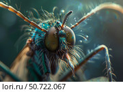 Extreme close up of a staring fly covered in dew. Стоковое AI-изображение, AI-художник Иван Рябоконь / Фотобанк Лори