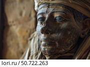 Ancient egyptian mummy face showing signs of aging and decay. Стоковое AI-изображение, AI-художник Иван Рябоконь / Фотобанк Лори