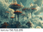 Gigantic red capped mushrooms growing in a surreal cloudy landscape. Стоковое AI-изображение, AI-художник Иван Рябоконь / Фотобанк Лори