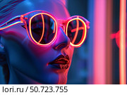 Mannequin wearing neon sunglasses in cyberpunk style with red and blue lights. Стоковое AI-изображение, AI-художник Иван Рябоконь / Фотобанк Лори