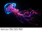Bioluminescent jellyfish glowing in the dark deep ocean. Стоковое AI-изображение, AI-художник Иван Рябоконь / Фотобанк Лори