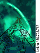 Powerlines and aurora borealis, Tjeldsundet, Norway. Стоковое фото, фотограф Arild Heitmann/Stocktrek Images / ТАСС / Фотобанк Лори