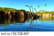 Omeisaurus dinosaurs wade through a river to munch on tree foliage. Стоковое фото, фотограф Corey Ford/Stocktrek Images / ТАСС / Фотобанк Лори
