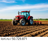 A red tractor is plowing a field. Стоковое AI-изображение, AI-художник Ярославский Максим / Фотобанк Лори
