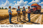 A group of men are standing in a field and talking to each other. Стоковое AI-изображение, AI-художник Ярославский Максим / Фотобанк Лори