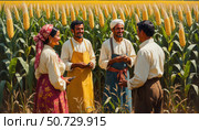 A group of men and women are standing in a field of corn. Стоковое AI-изображение, AI-художник Ярославский Максим / Фотобанк Лори