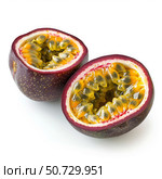 Two passion fruit halves showing seeds and pulp on white background. Стоковое AI-изображение, AI-художник Иван Рябоконь / Фотобанк Лори