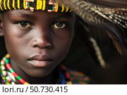 Indigenous child wearing traditional headdress and beaded necklace. Стоковое AI-изображение, AI-художник Иван Рябоконь / Фотобанк Лори